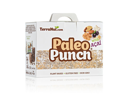 Front view of the TerraNut Paleo Punch 24-unit box, featuring Açaí, walnuts, and Brazil nuts in a plant-based, cold-pressed, and gluten-free superfood snack.acai