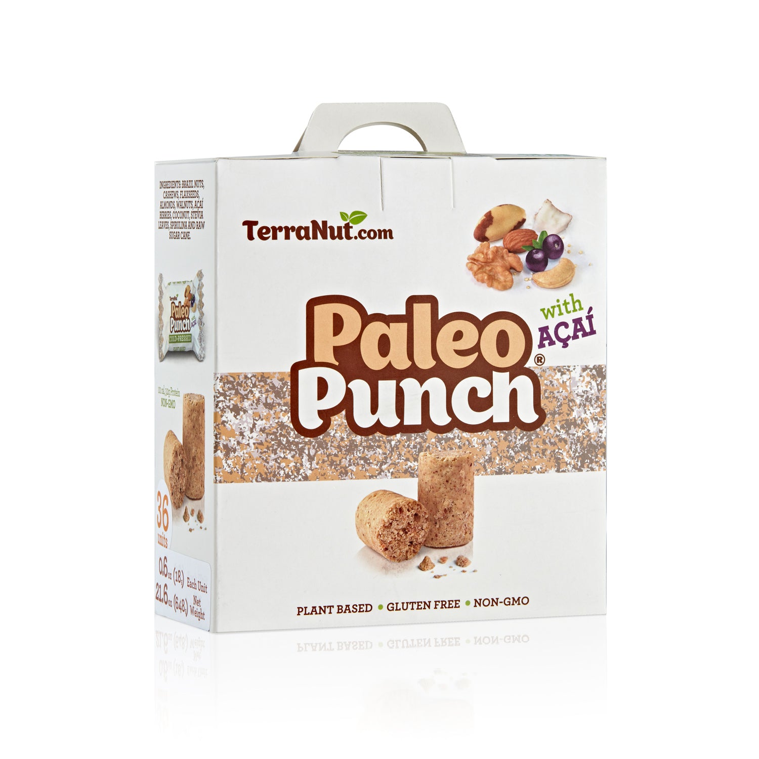Front view of the TerraNut Paleo Punch 36-unit box, featuring Açaí, walnuts, and Brazil nuts in a plant-based, cold-pressed, and gluten-free superfood snack.