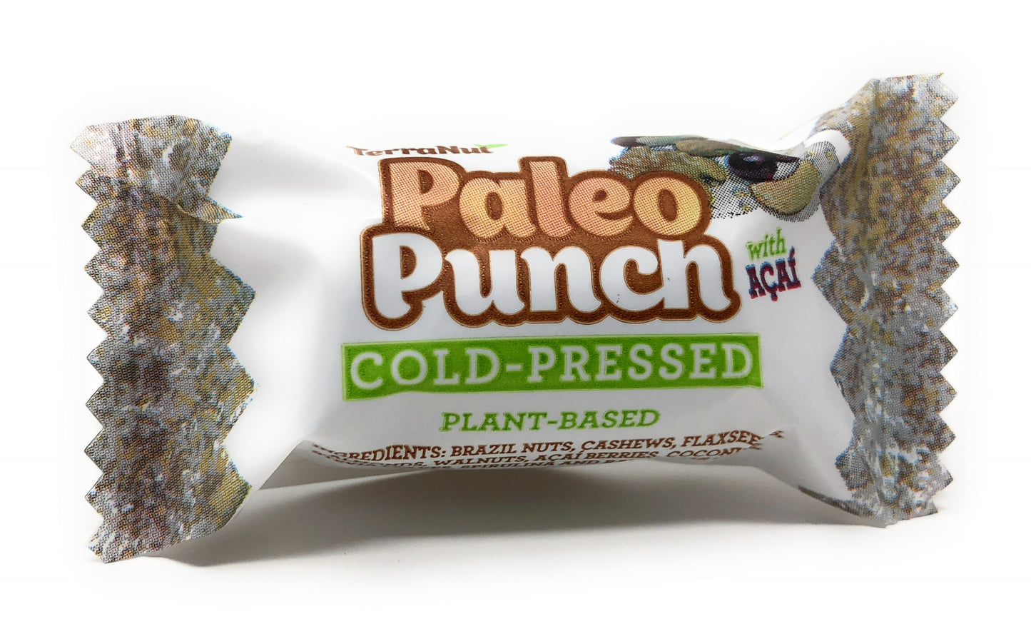 Close-up of a single wrapped TerraNut Paleo Punch snack, highlighting the cold-pressed and plant-based labels along with ingredients like Brazil nuts, cashews, and Açaí berries.