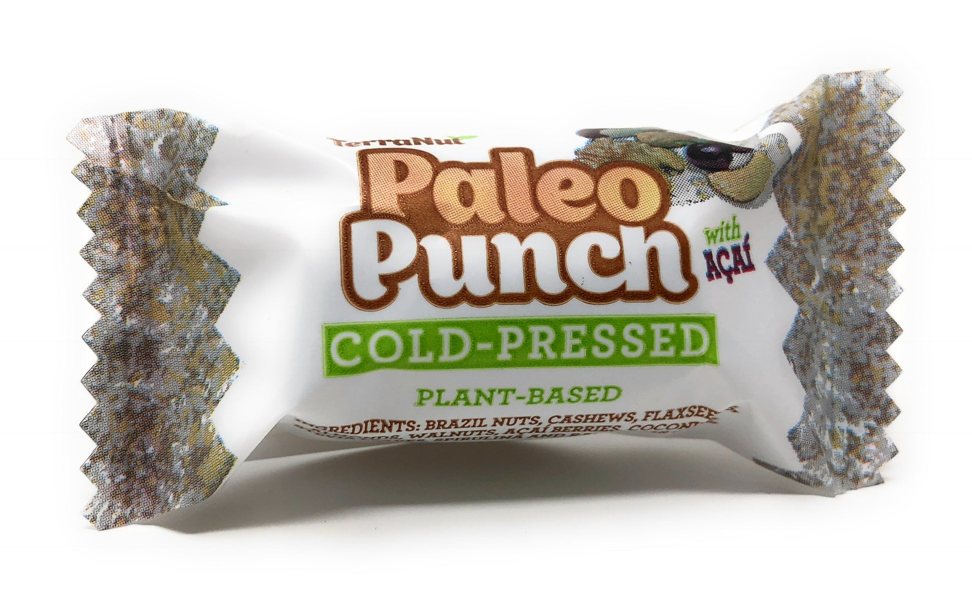 Close-up of a single wrapped TerraNut Paleo Punch snack, highlighting the cold-pressed and plant-based labels along with ingredients like Brazil nuts, cashews, and Açaí berries.