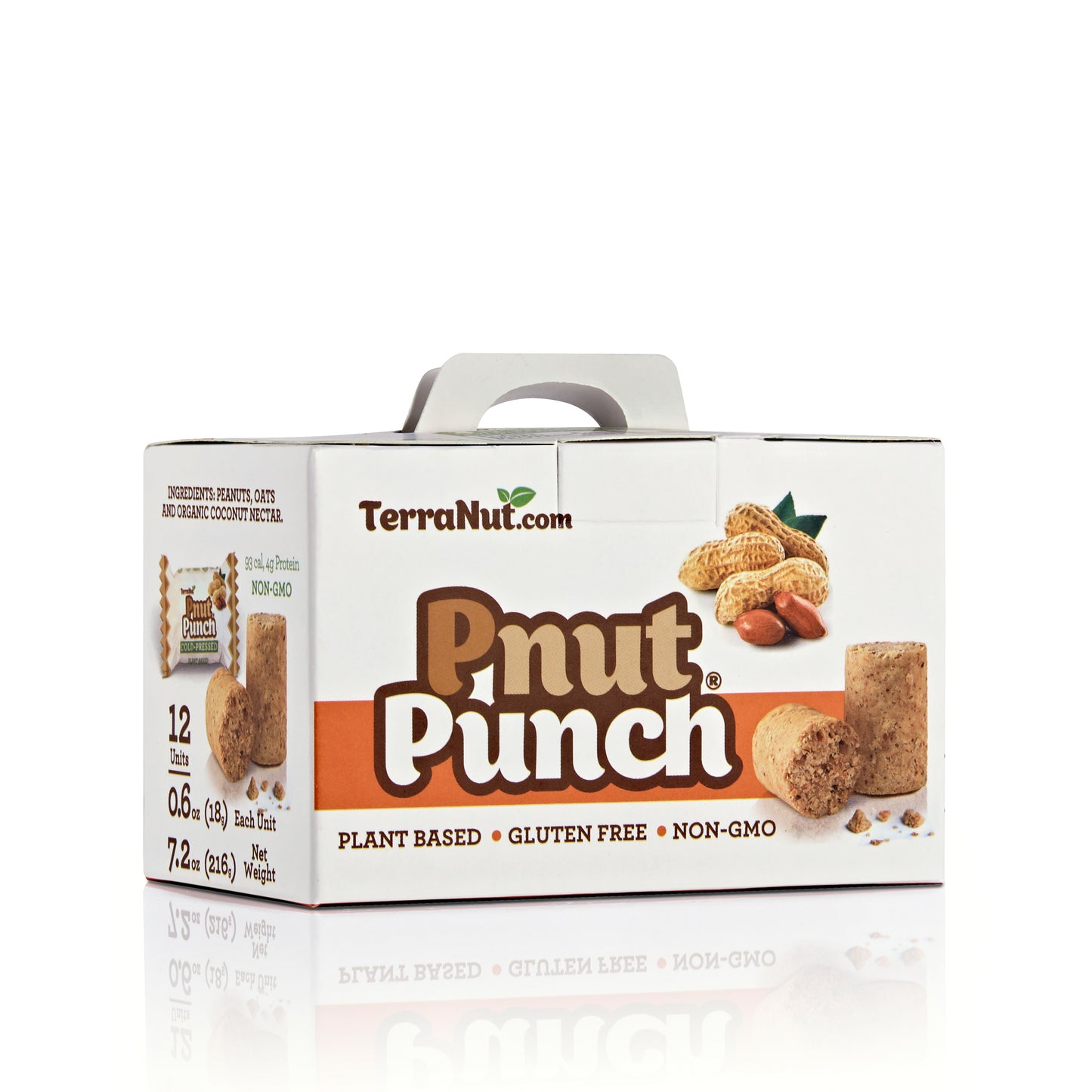 Front view of the TerraNut Pnut Punch 24-unit box, highlighting that it is plant-based, gluten-free, and non-GMO, with an image of fresh peanuts on the packaging.