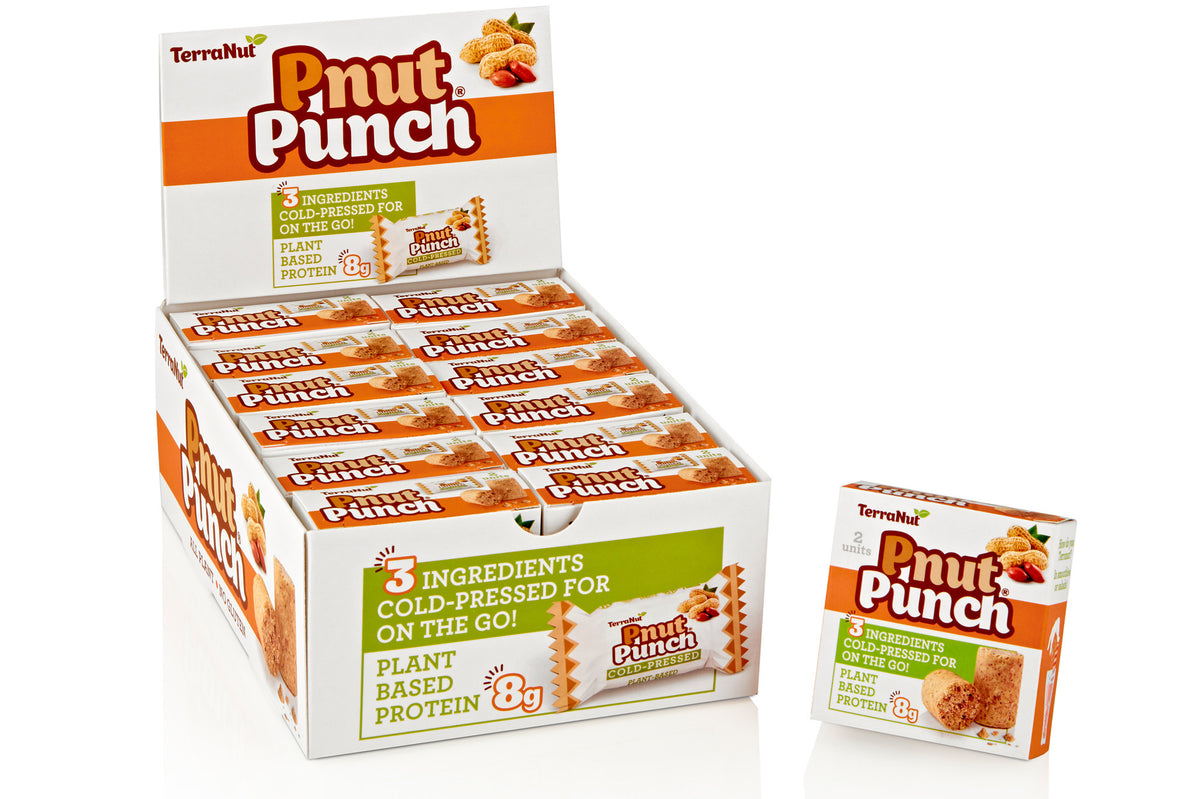 TerraNut Pnut Punch wholesale set: twelve 2-packs (24 bars total) of cold-pressed peanut snack bars.