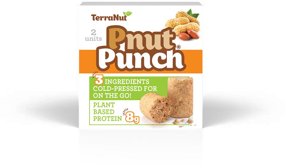 TerraNut Pnut Punch 2-unit pack, 3 ingredients and 8g plant-based protein, shown on a transparent background.