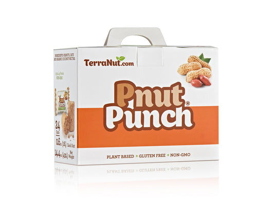 TerraNut Pnut Punch 24-count box of cold-pressed peanut snack bars, plant-based and gluten-free.