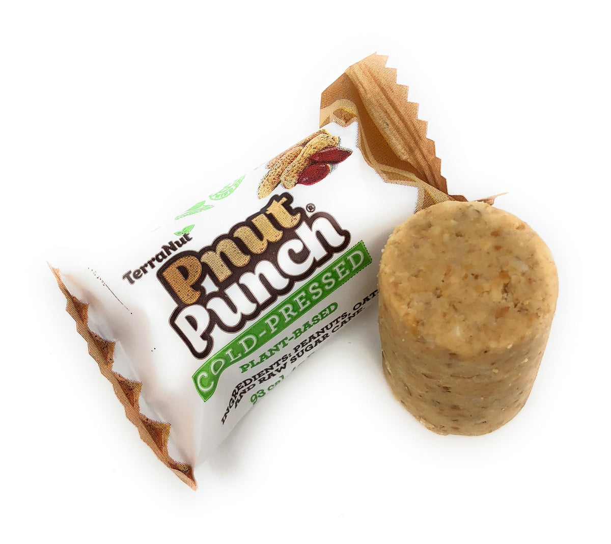 A single TerraNut Pnut Punch cylinder beside its wrapper, highlighting the simple, raw, cold-pressed 3-ingredient peanut blend.