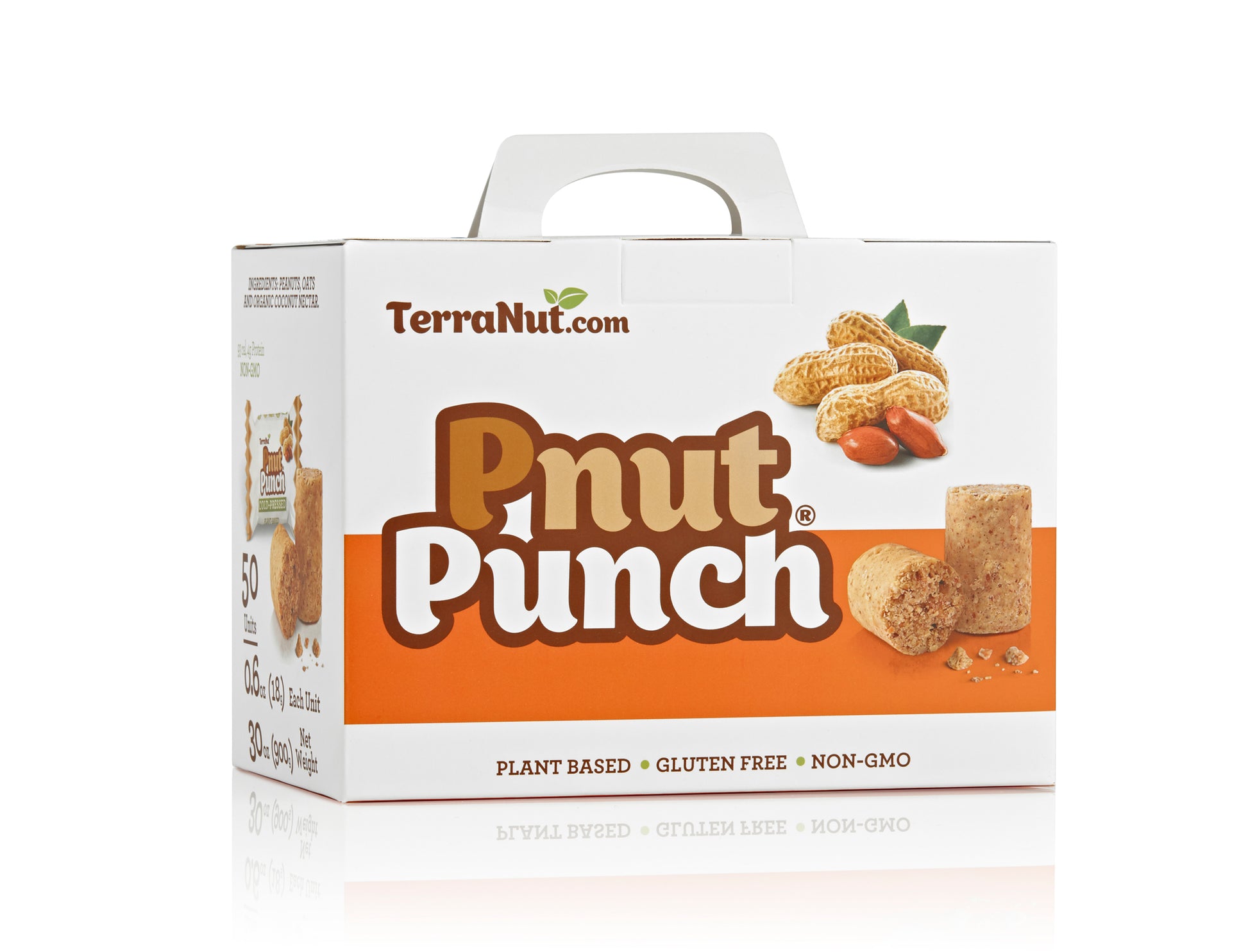 Front view of the TerraNut Pnut Punch 50-unit box, highlighting that it is plant-based, gluten-free, and non-GMO, with an image of fresh peanuts on the packaging.