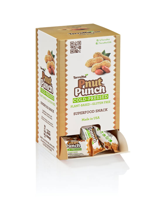 Front view of the TerraNut Pnut Punch 70-unit box, highlighting that it is plant-based, gluten-free, and non-GMO, with an image of fresh peanuts on the packaging.