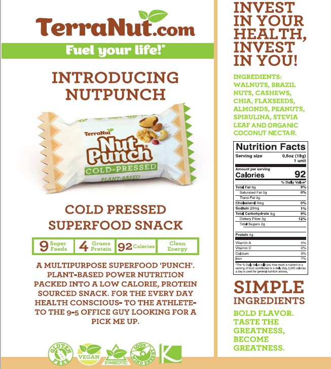 Informational graphic for TerraNut NutPunch highlighting cold-pressed superfood benefits, simple ingredients, and nutrition facts